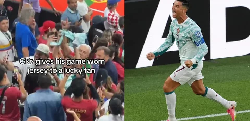 Cristiano Ronaldo celebrating and giving jersey to fan
