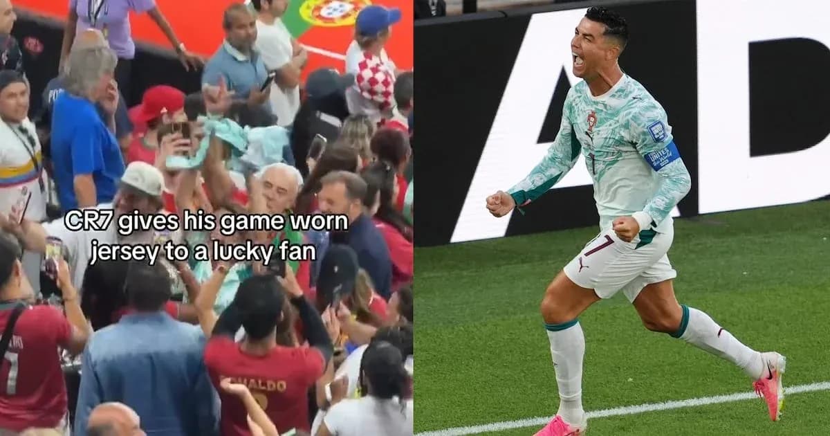 Cristiano Ronaldo celebrating and giving jersey to fan