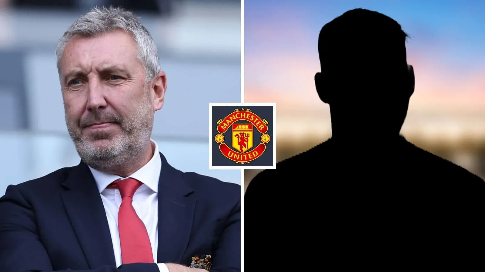 Man in suit with Manchester United logo and silhouette