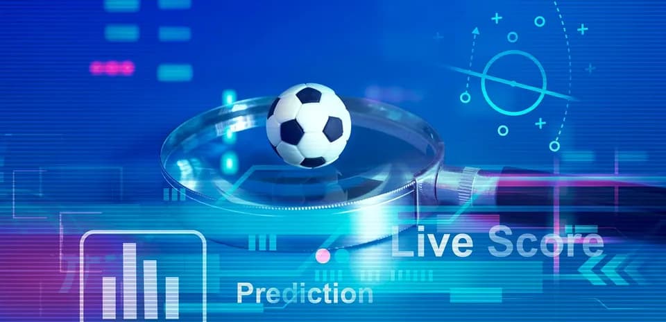 Magnifying glass over a soccer ball with digital elements