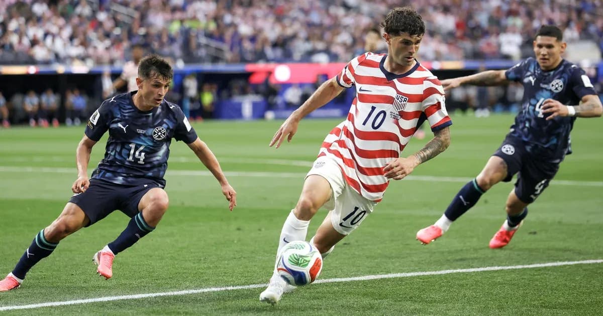 Player dribbling past opponents during soccer match