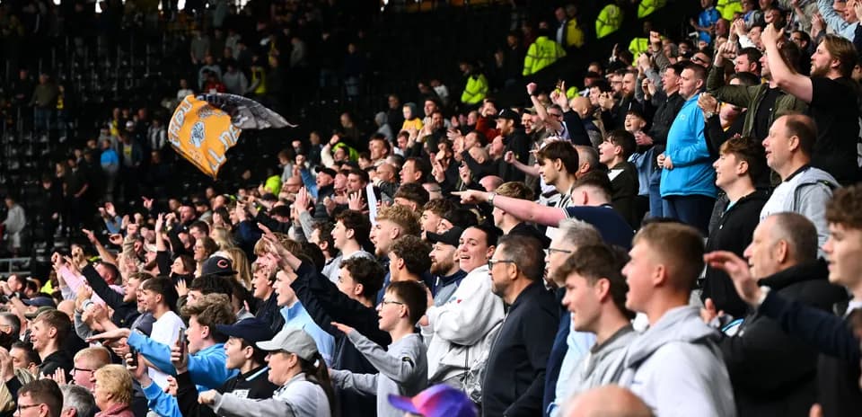 Crowd of fans cheering and celebrating in stadium