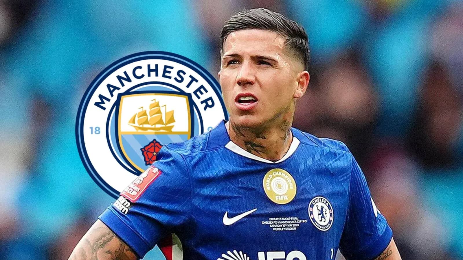 Player in blue jersey with Manchester City logo background Player in blue jersey with Manchester City logo background