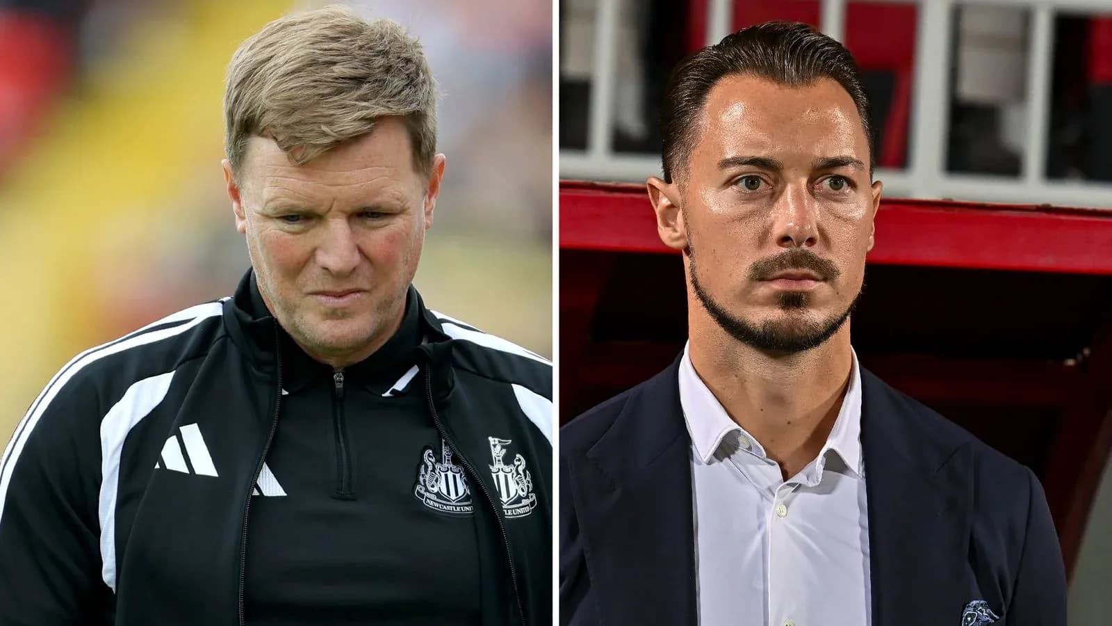 Two football managers looking serious during match Two football managers looking serious during match