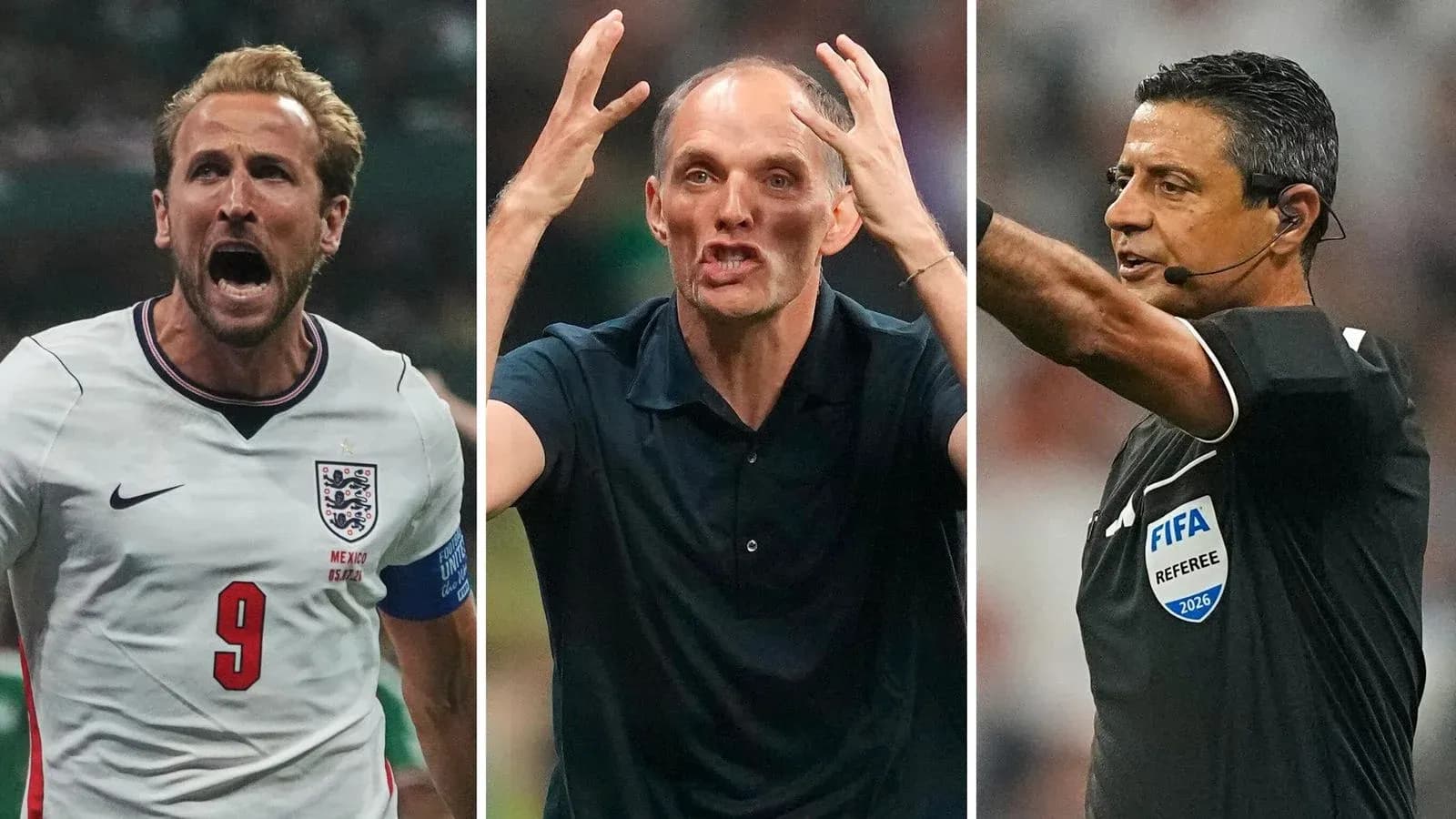 Harry Kane celebrating, Thomas Tuchel gesturing, referee signaling Harry Kane celebrating, Thomas Tuchel gesturing, referee signaling