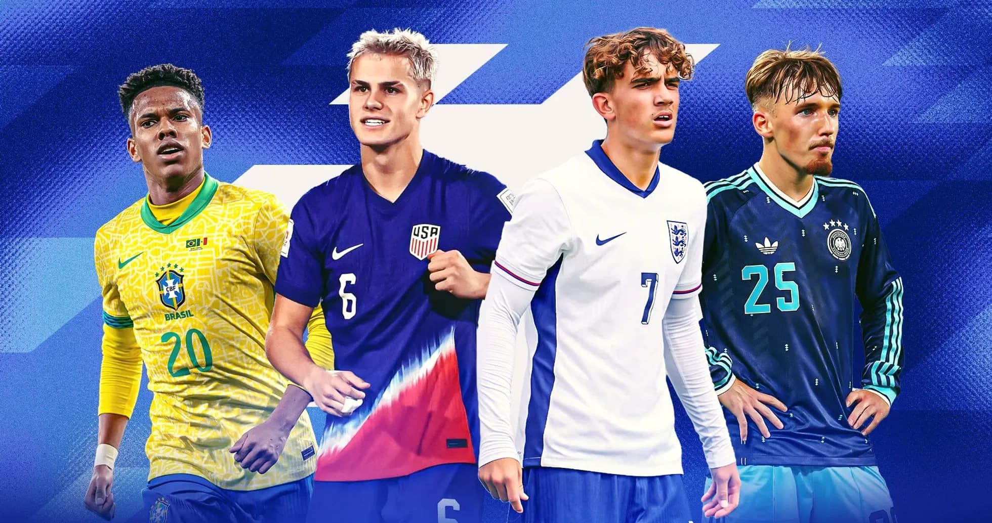 Four young football players in national team kits Four young football players in national team kits