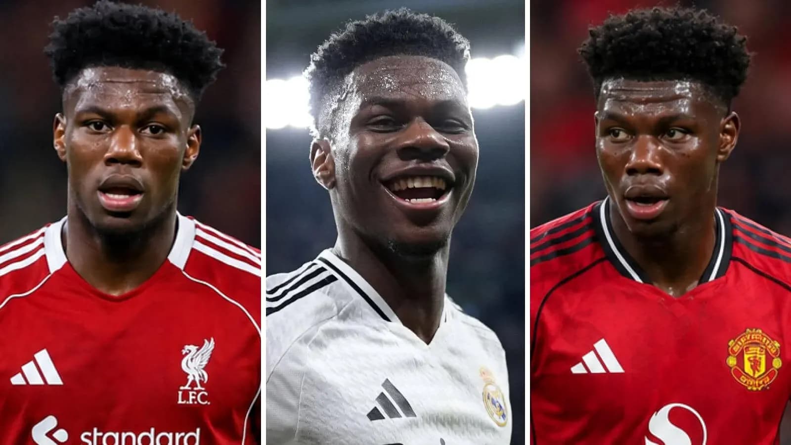 Player in jerseys of Liverpool, Real Madrid, and Manchester United Player in jerseys of Liverpool, Real Madrid, and Manchester United