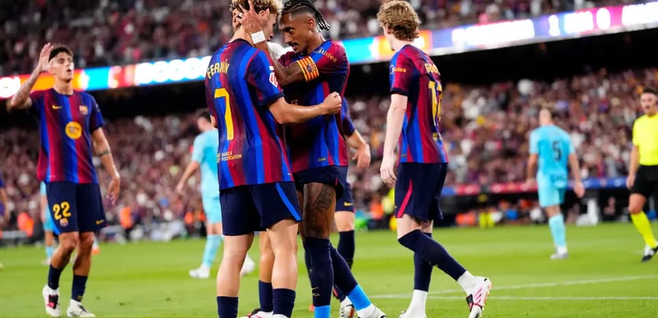 Barcelona players celebrating a goal during match Barcelona players celebrating a goal during match