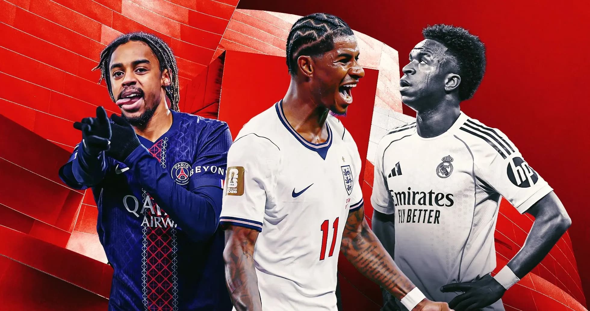 Three football players posing against a red background Three football players posing against a red background