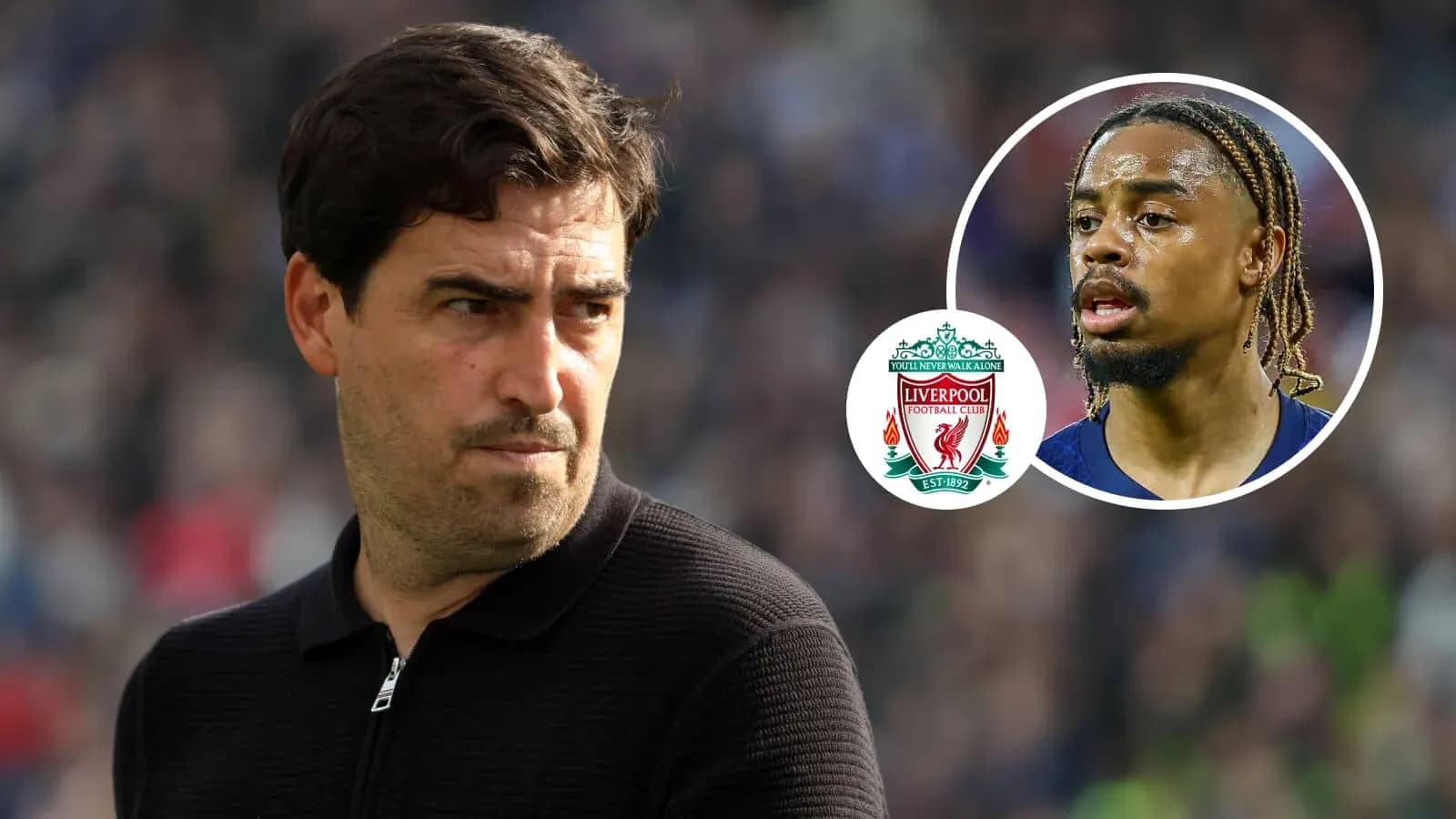 Coach looking serious with Liverpool logo and player image Coach looking serious with Liverpool logo and player image