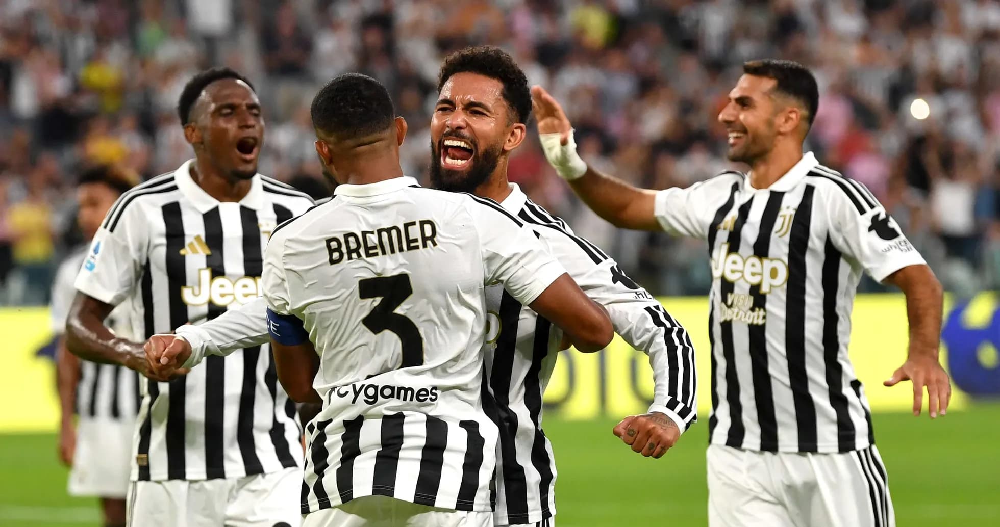 Juventus players celebrating a goal during match Juventus players celebrating a goal during match