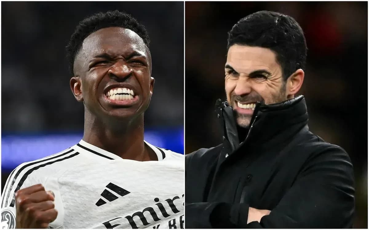 Vinicius Jr. celebrating; Mikel Arteta reacting from sidelines Vinicius Jr. celebrating; Mikel Arteta reacting from sidelines