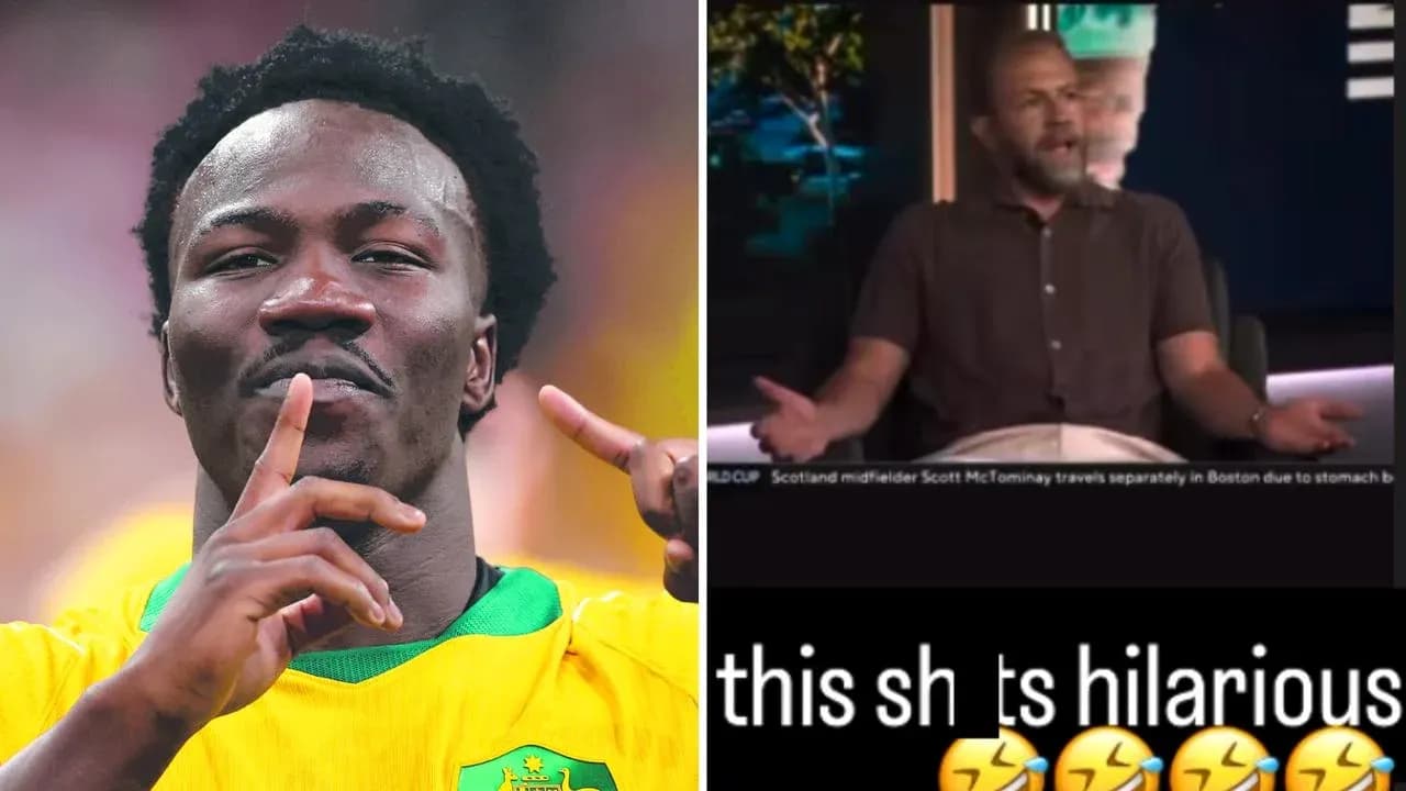 Football player celebrating alongside TV host discussing humor Football player celebrating alongside TV host discussing humor