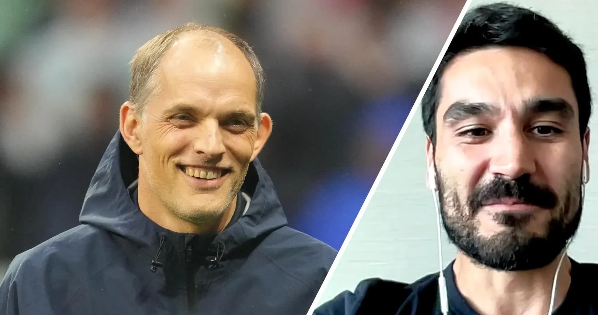 Thomas Tuchel and Ilkay Gundogan smiling in split image Thomas Tuchel and Ilkay Gundogan smiling in split image