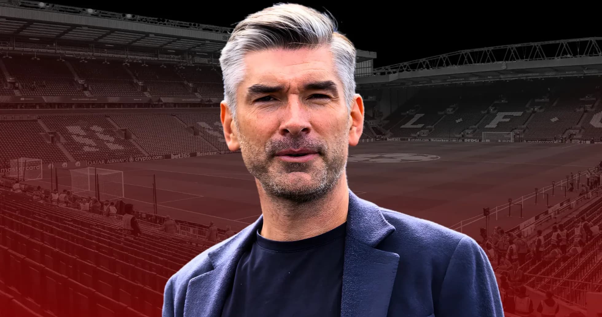 Man in front of football stadium before match Man in front of football stadium before match