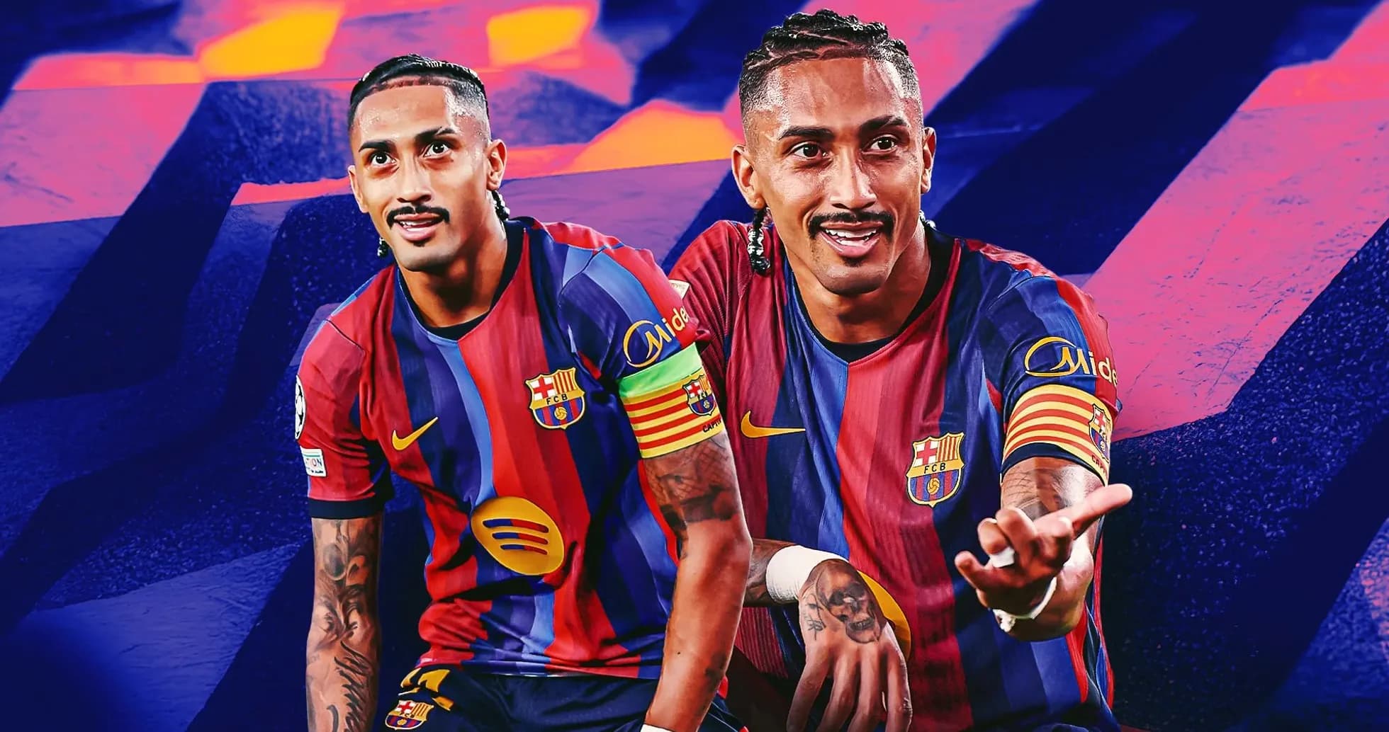 Player in FC Barcelona kit gesturing towards camera Player in FC Barcelona kit gesturing towards camera