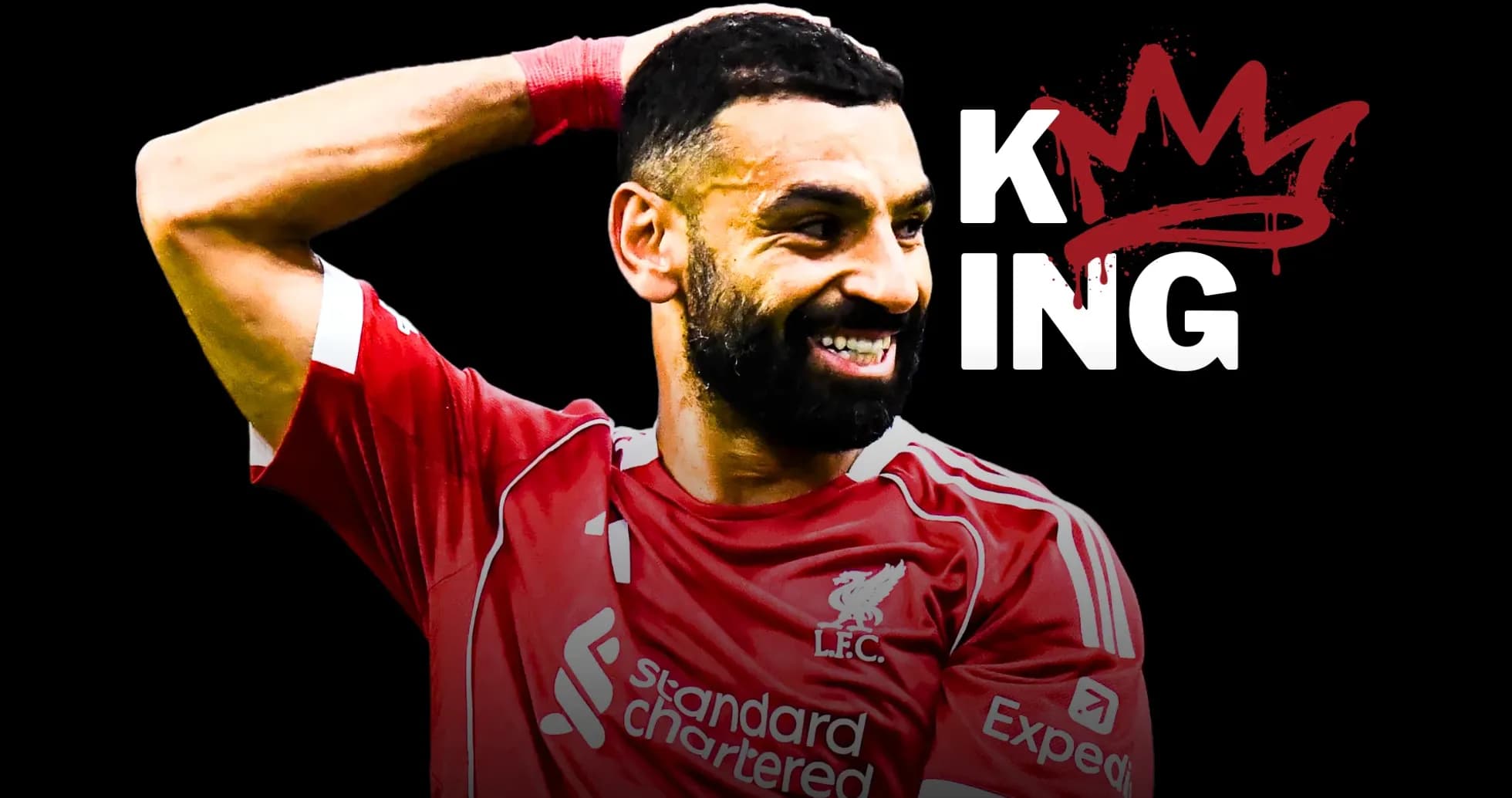 Player celebrating in Liverpool jersey with text 'KING' Player celebrating in Liverpool jersey with text 'KING'