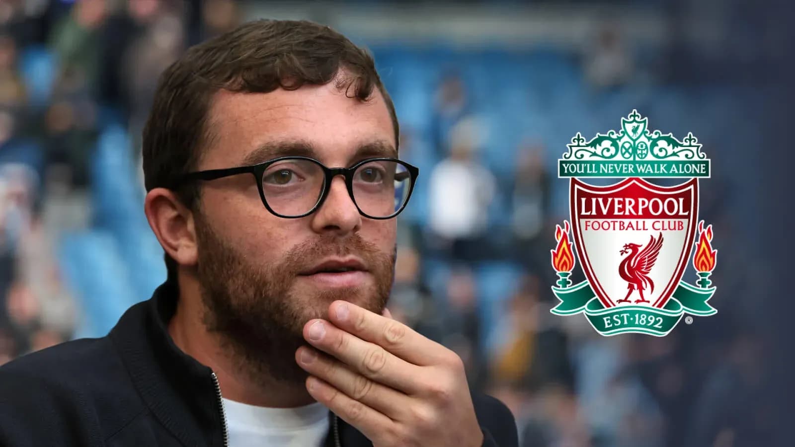Person with glasses in a football stadium setting Person with glasses in a football stadium setting