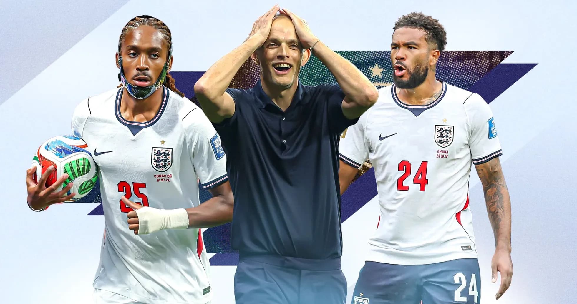 Two players and a coach in England jerseys Two players and a coach in England jerseys