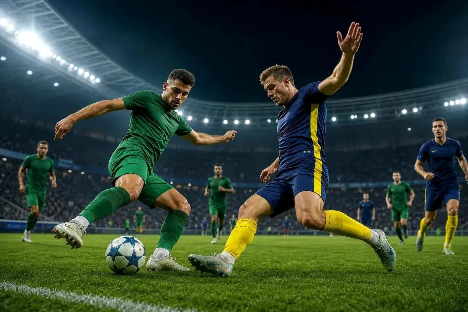 Players competing for the ball during UEFA match Players competing for the ball during UEFA match