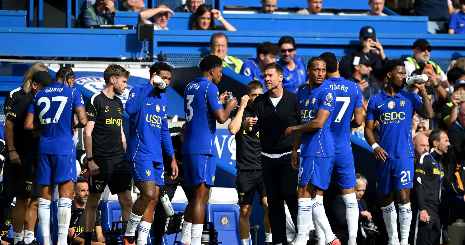 Chelsea players preparing on the sidelines during match Chelsea players preparing on the sidelines during match