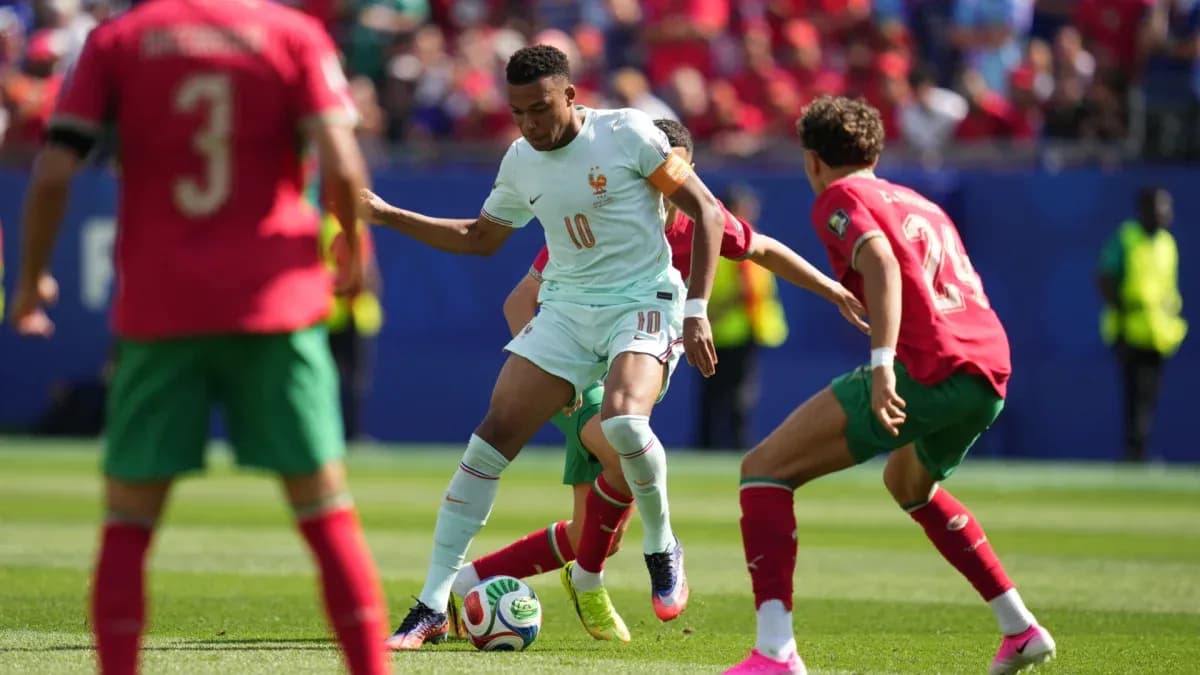 Player dribbling past defenders during football match Player dribbling past defenders during football match