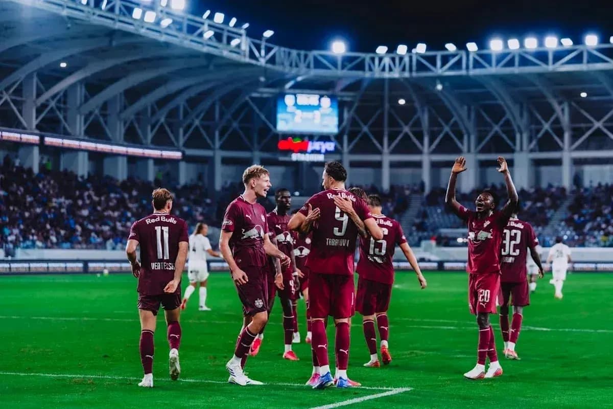 Red Bull Salzburg players celebrating a goal Red Bull Salzburg players celebrating a goal
