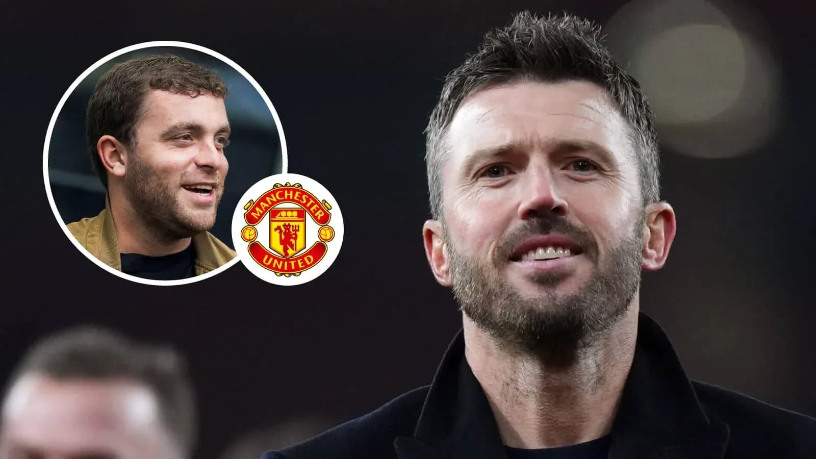 Two men, one smiling, with Manchester United logo Two men, one smiling, with Manchester United logo