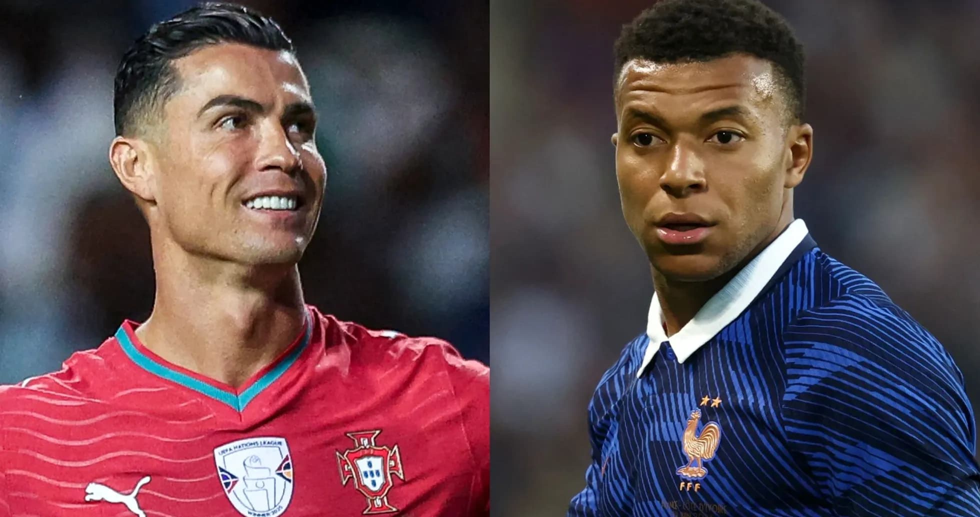 Cristiano Ronaldo and Kylian Mbappe in team jerseys Cristiano Ronaldo and Kylian Mbappe in team jerseys