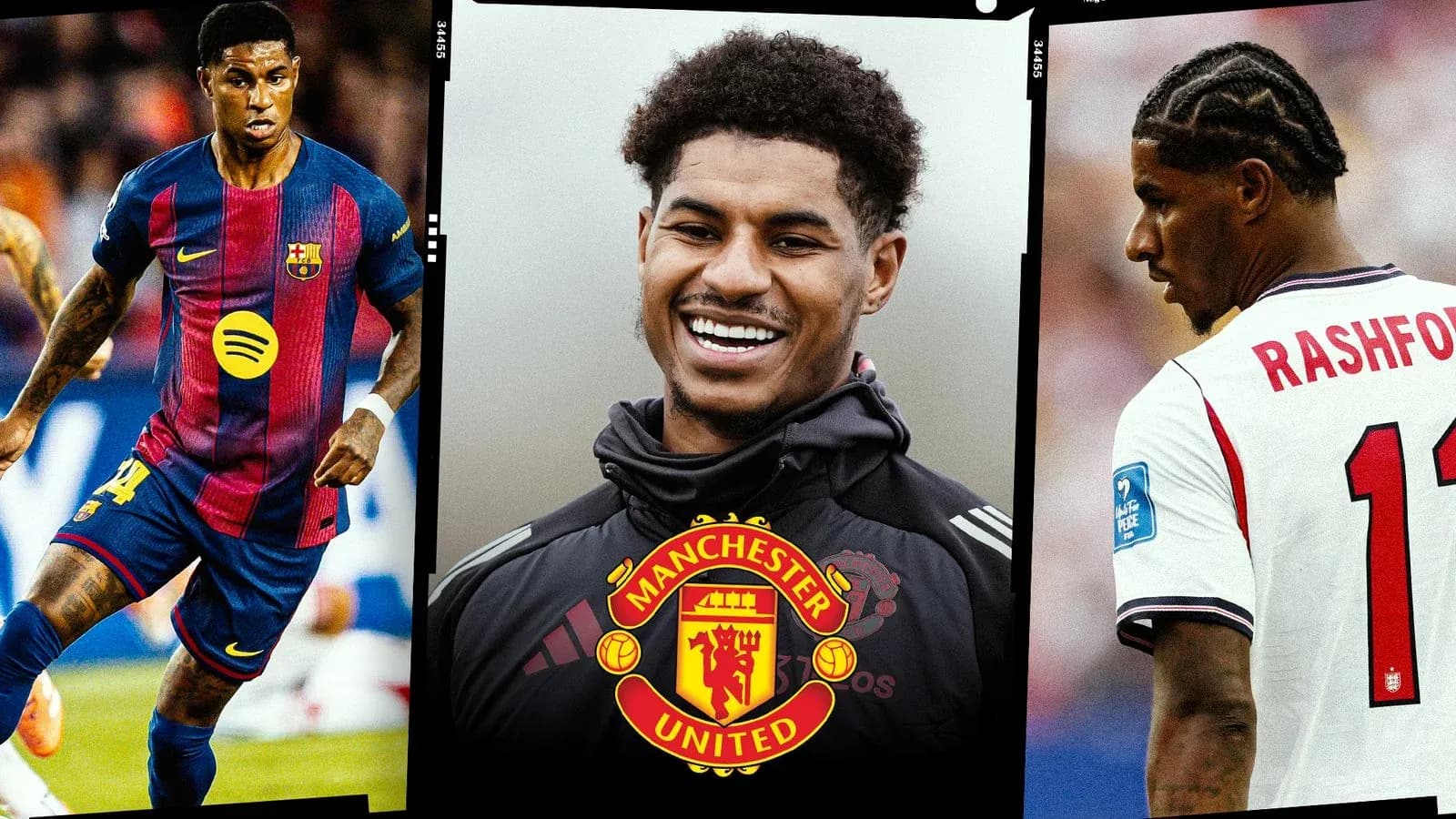 Marcus Rashford smiling with Manchester United logo Marcus Rashford smiling with Manchester United logo