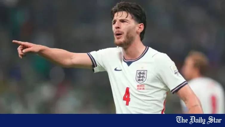 Player in England kit directing teammates during match Player in England kit directing teammates during match