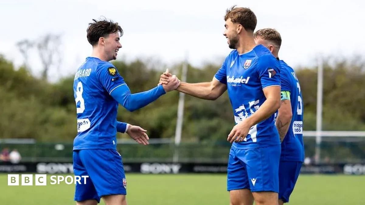 Two players celebrating with a handshake on field Two players celebrating with a handshake on field