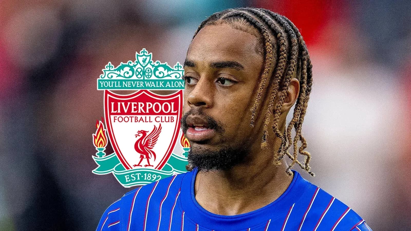 Player in Liverpool kit with club logo in background Player in Liverpool kit with club logo in background