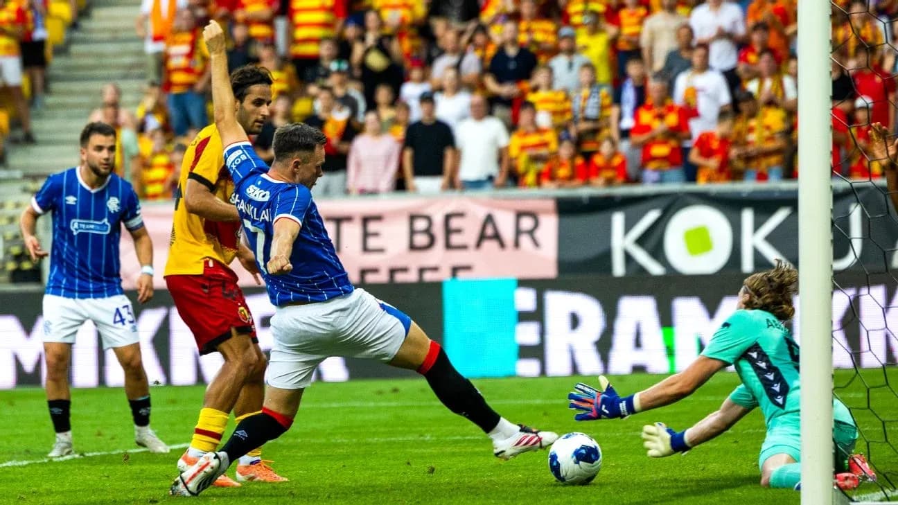 Rangers player attempting to score against Jagiellonia Rangers player attempting to score against Jagiellonia