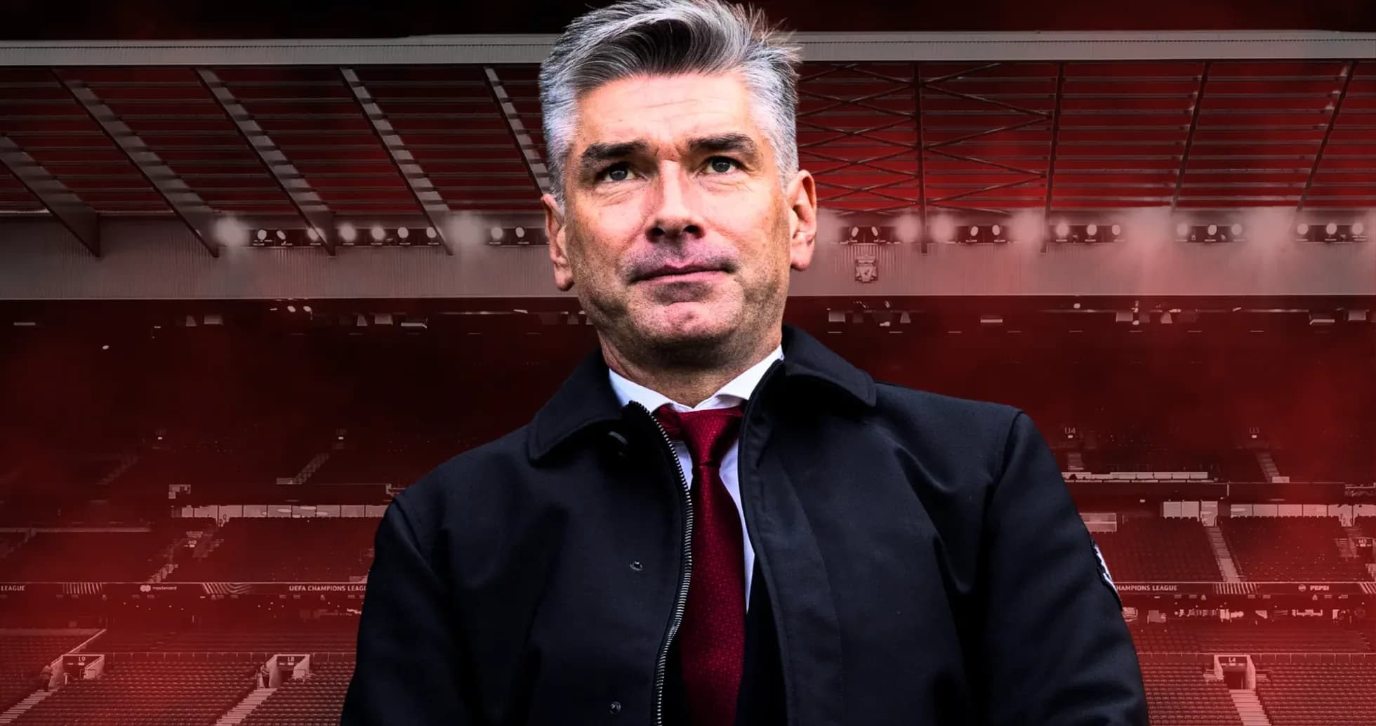 Manager posing in front of stadium backdrop Manager posing in front of stadium backdrop