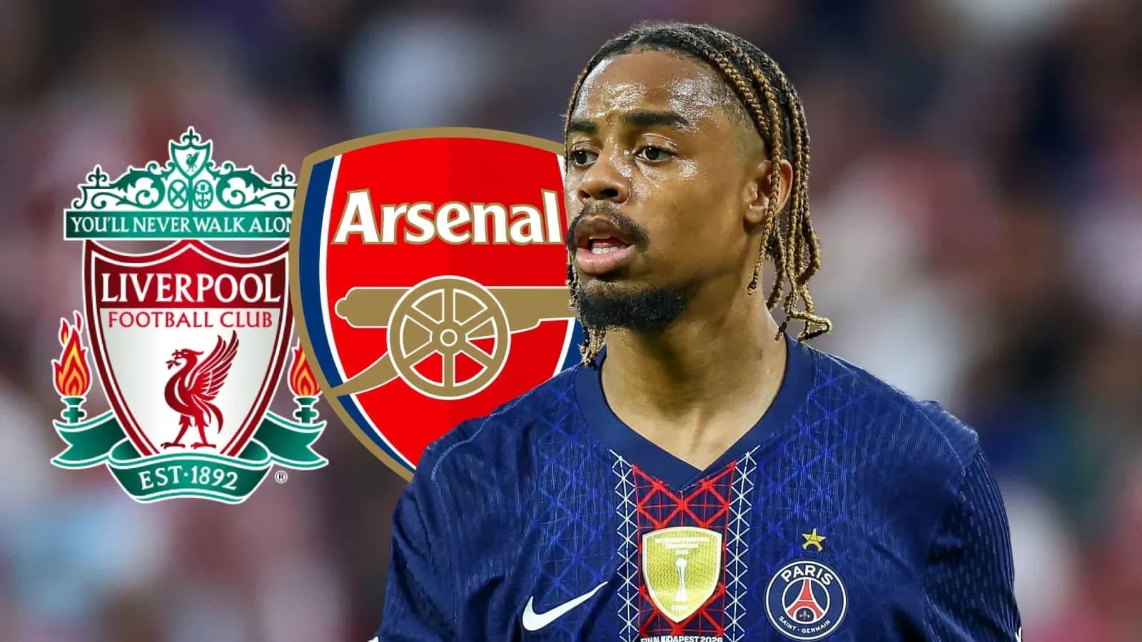 Player with PSG jersey near Liverpool and Arsenal logos Player with PSG jersey near Liverpool and Arsenal logos