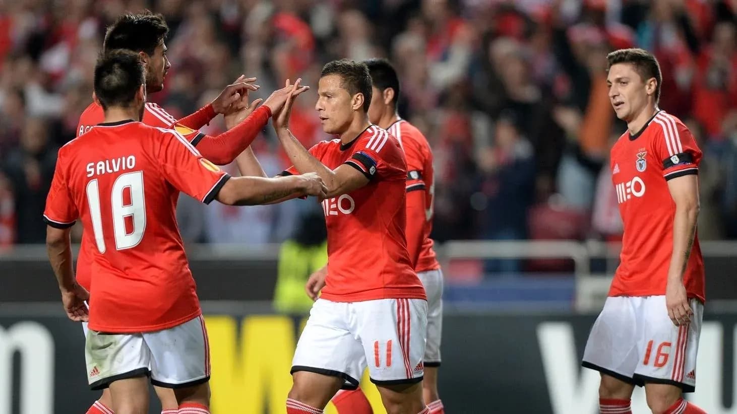 Benfica players celebrating during Europa League match Benfica players celebrating during Europa League match