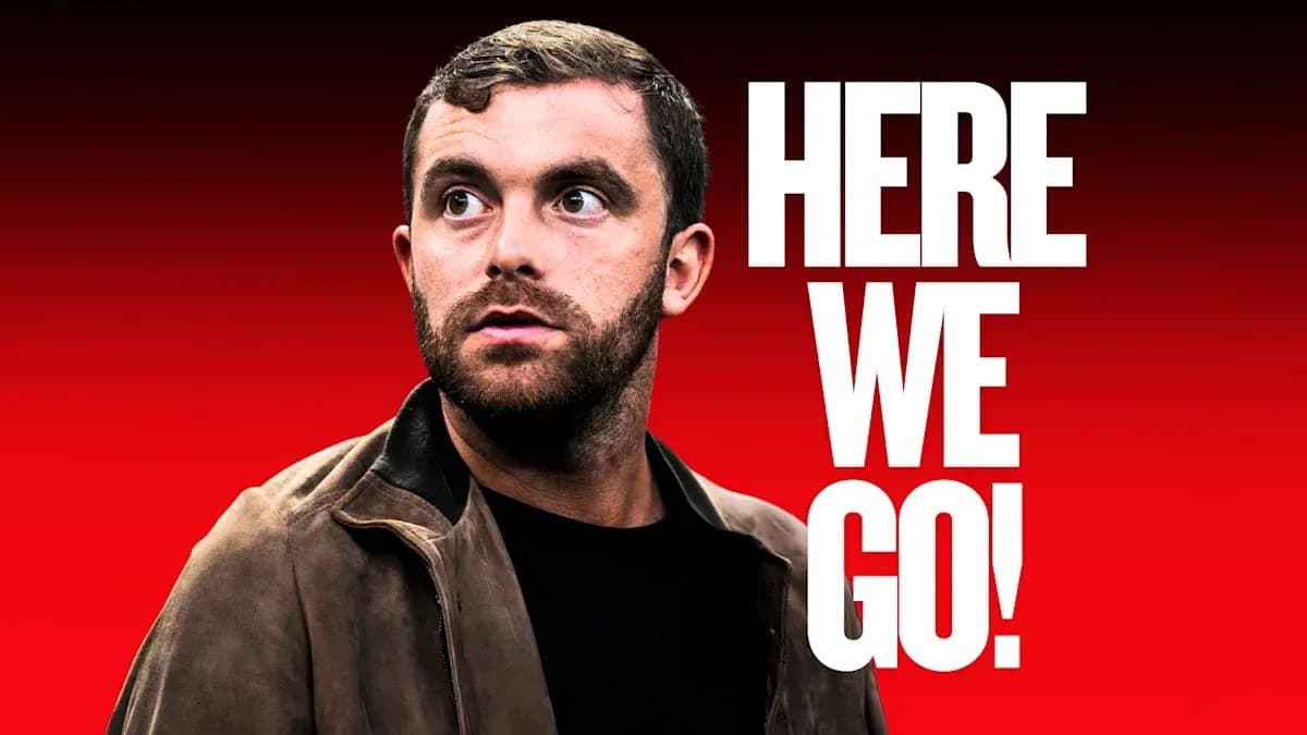 Person looking up with text 'HERE WE GO!' Person looking up with text 'HERE WE GO!'