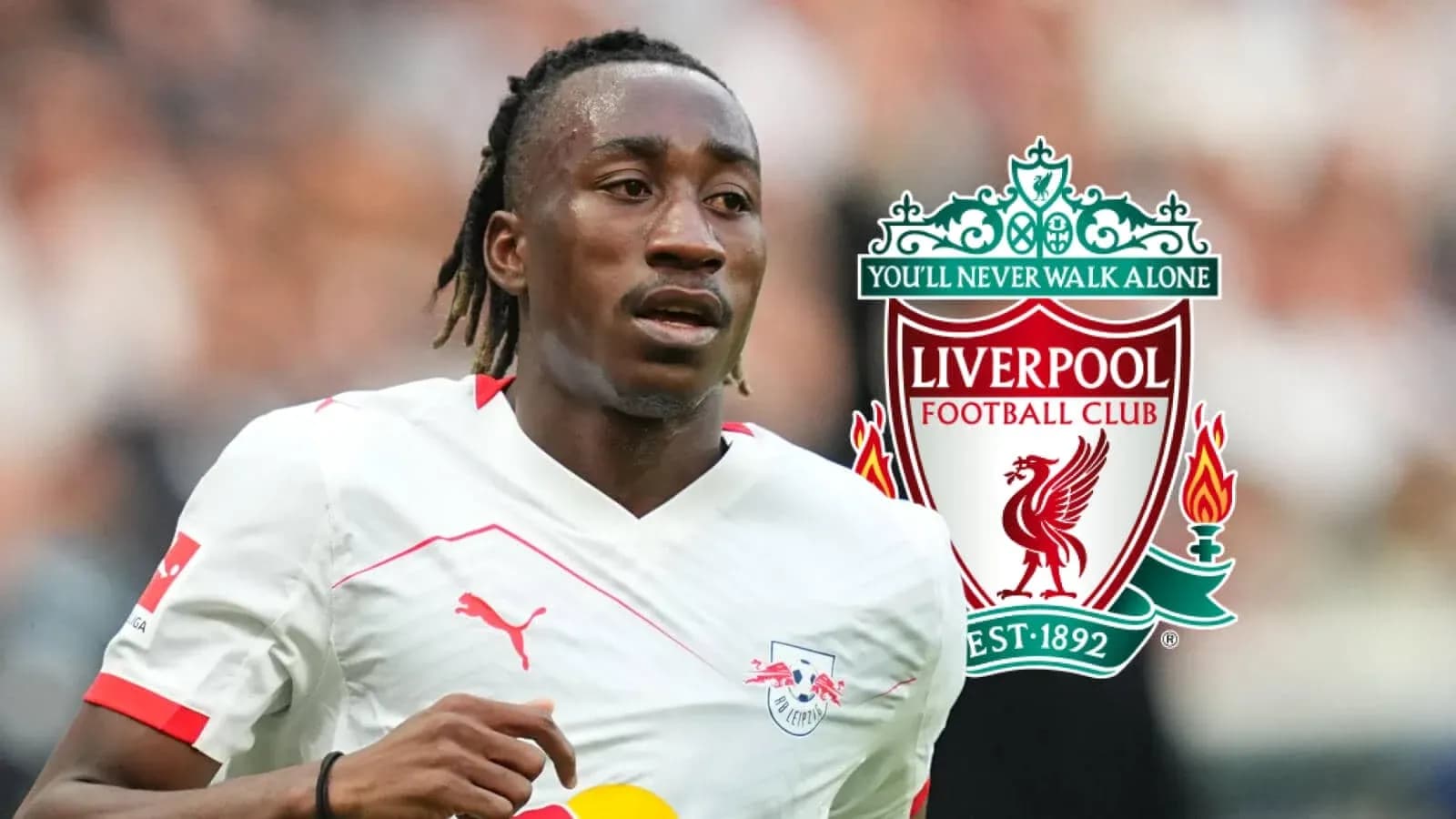 Player running on pitch with Liverpool logo overlay Player running on pitch with Liverpool logo overlay