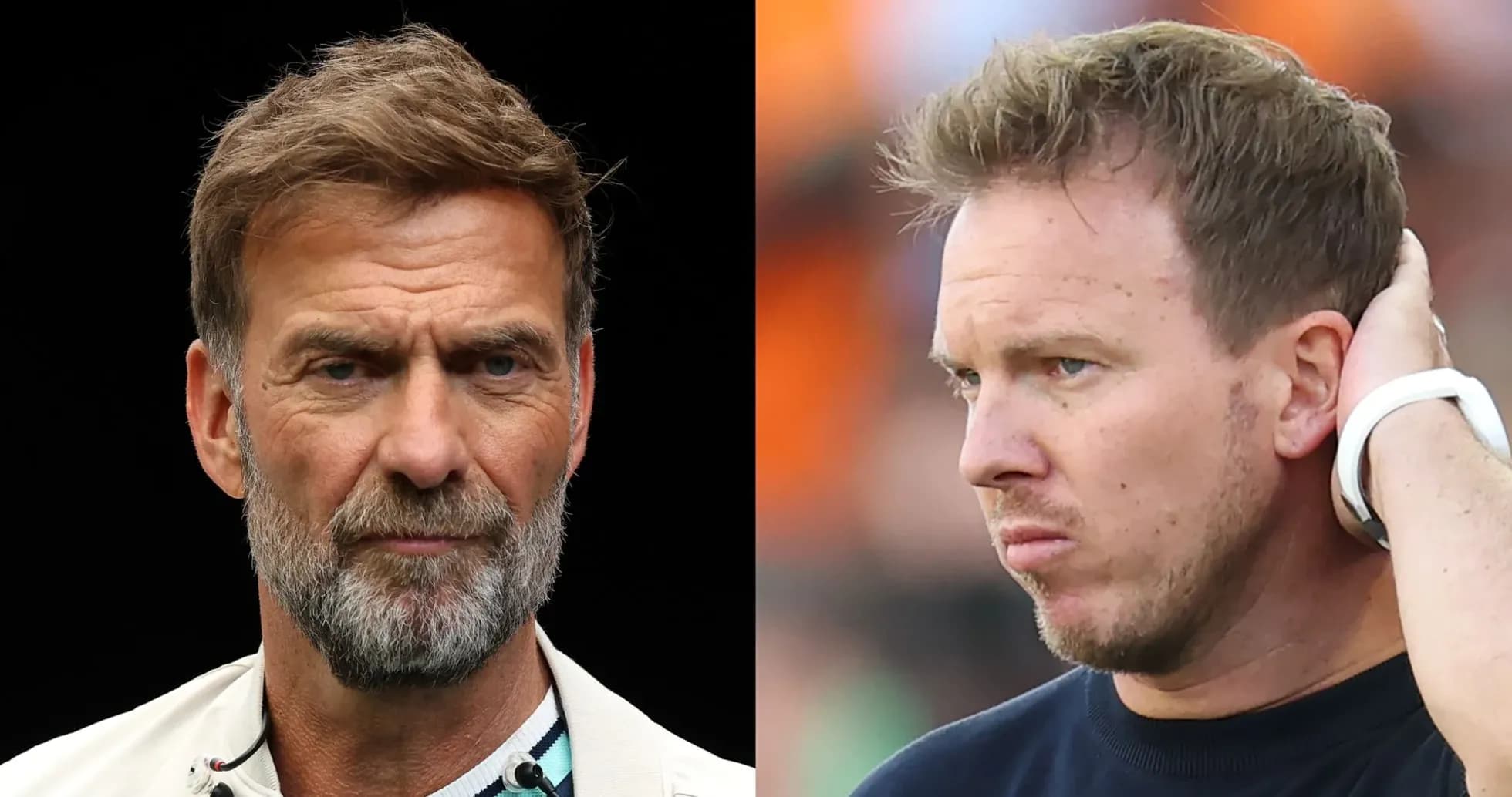 Two football managers posing for a split image Two football managers posing for a split image