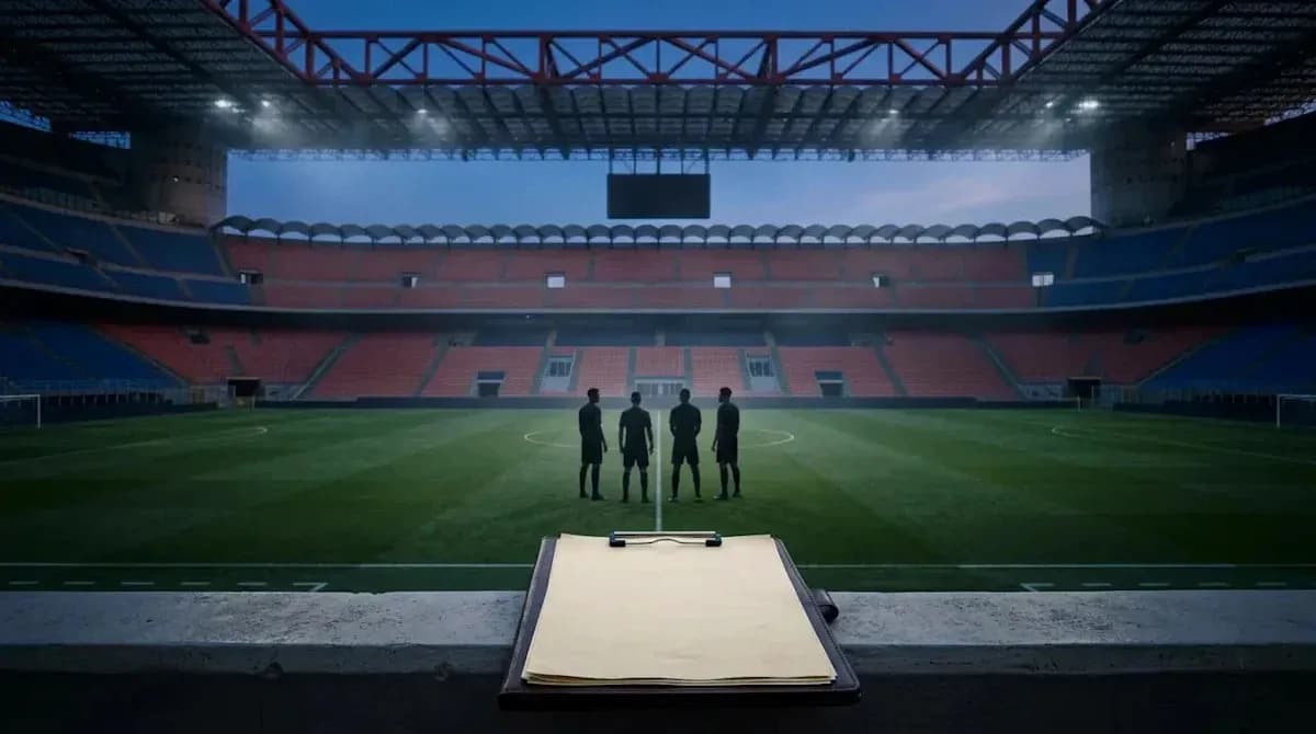 Referees discussing match strategy on stadium field Referees discussing match strategy on stadium field