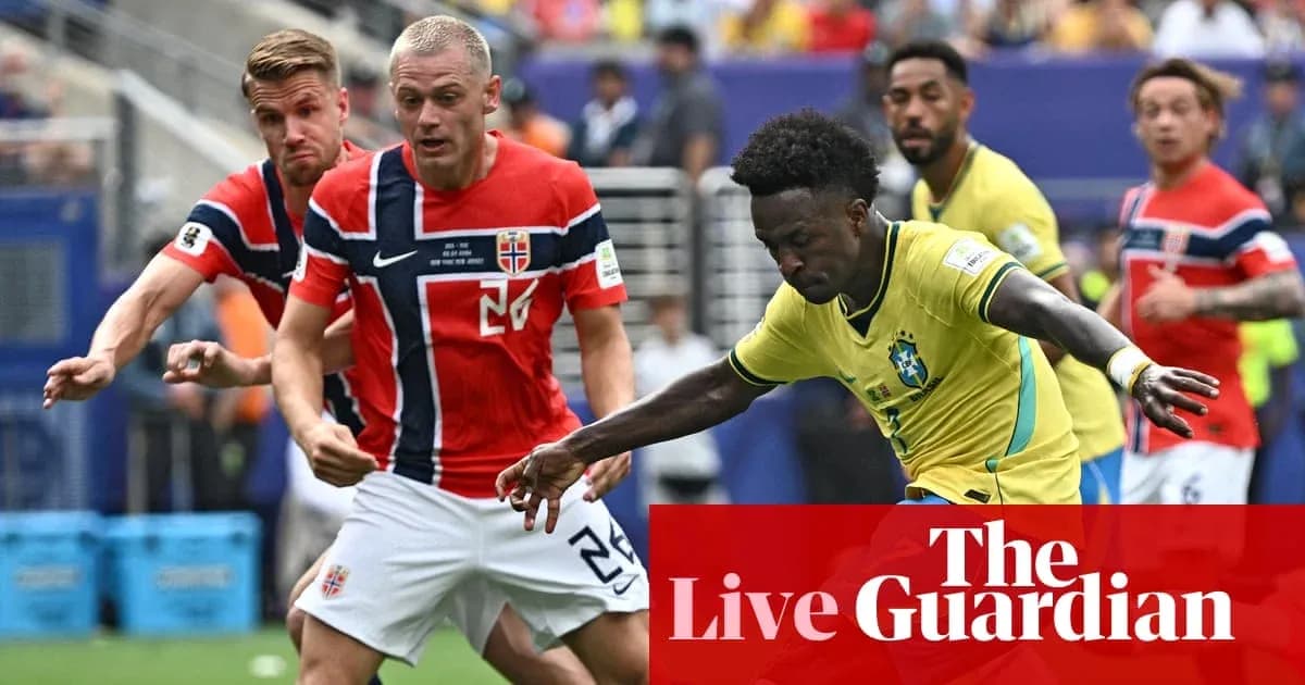 Brazilian player dribbling past Norwegian defenders during match Brazilian player dribbling past Norwegian defenders during match