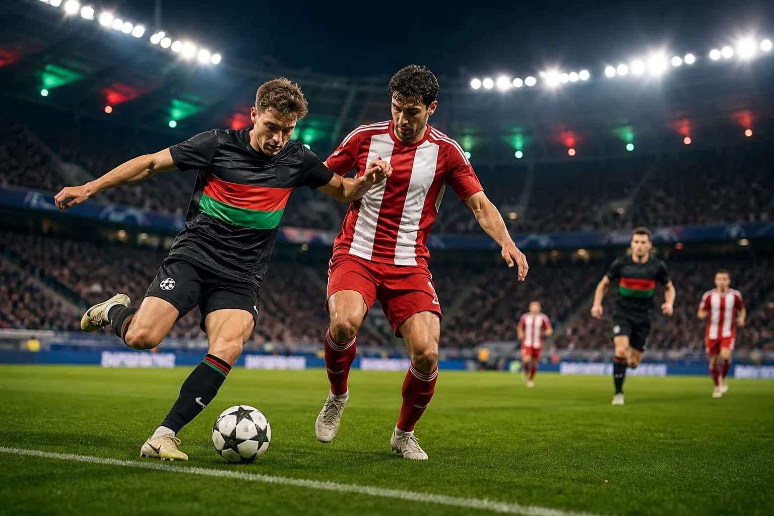 Players competing for the ball in Champions League match Players competing for the ball in Champions League match