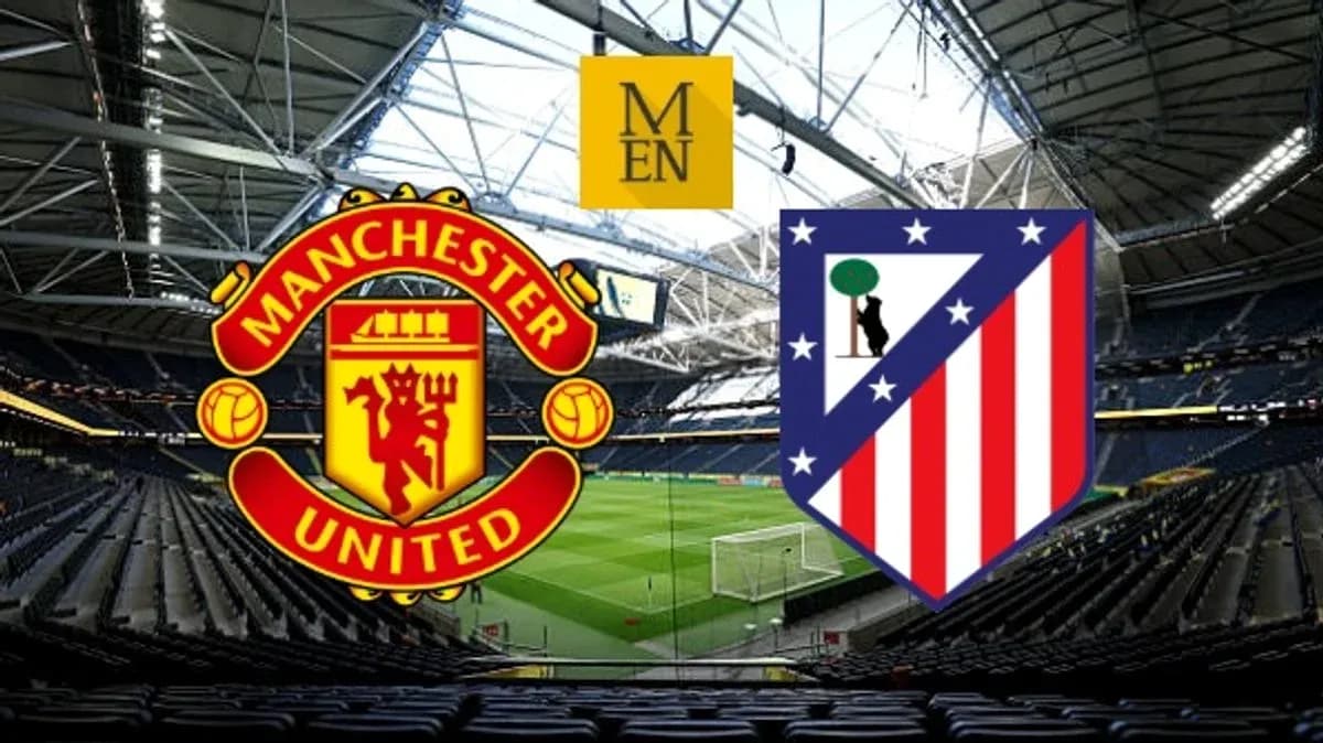 Manchester United and Atletico Madrid logos with stadium background Manchester United and Atletico Madrid logos with stadium background