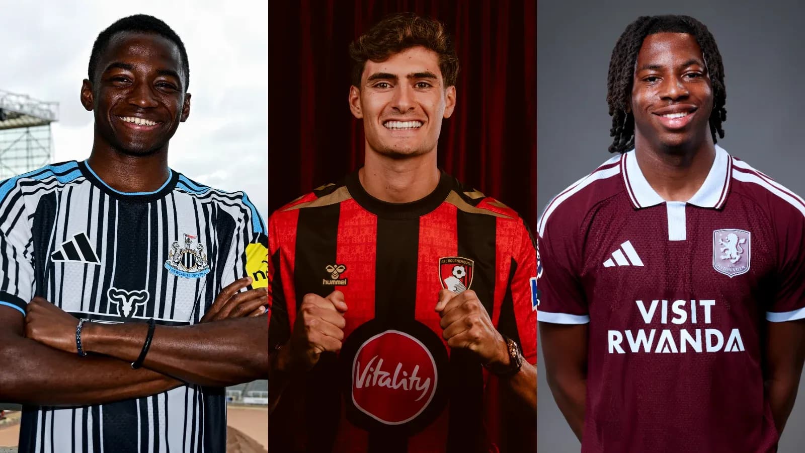 Three football players in club jerseys posing together Three football players in club jerseys posing together