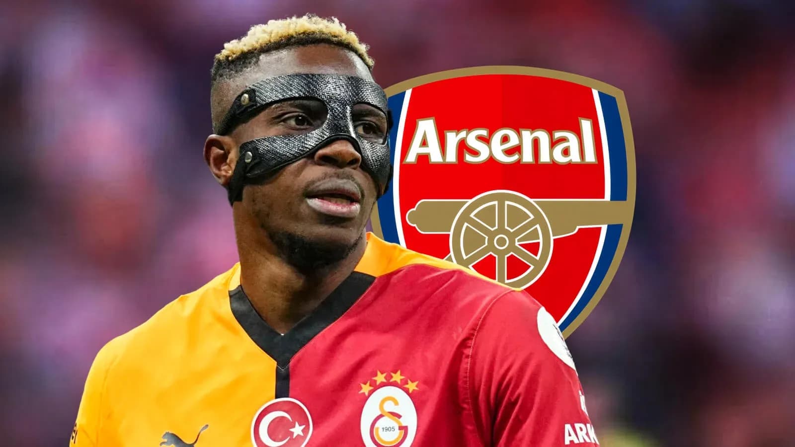 Player wearing mask with Arsenal logo in background Player wearing mask with Arsenal logo in background