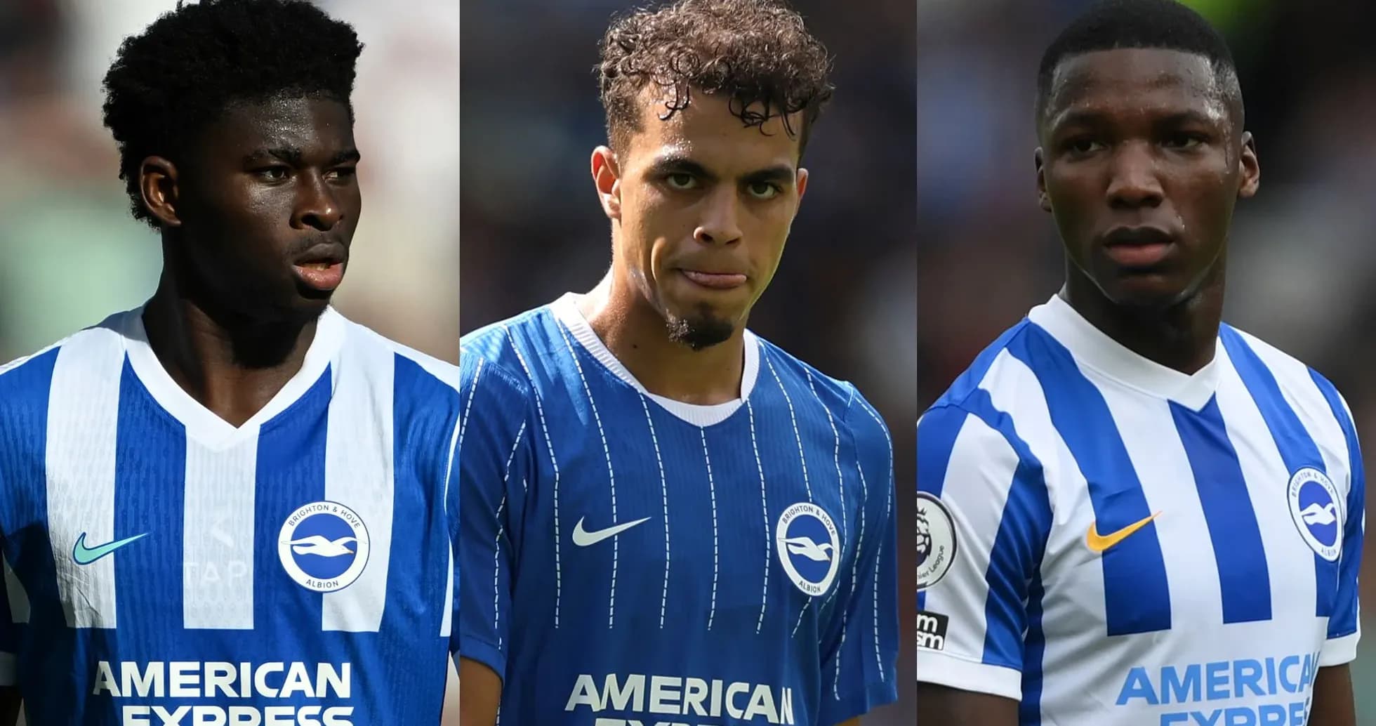 Three Brighton players in blue and white kits Three Brighton players in blue and white kits