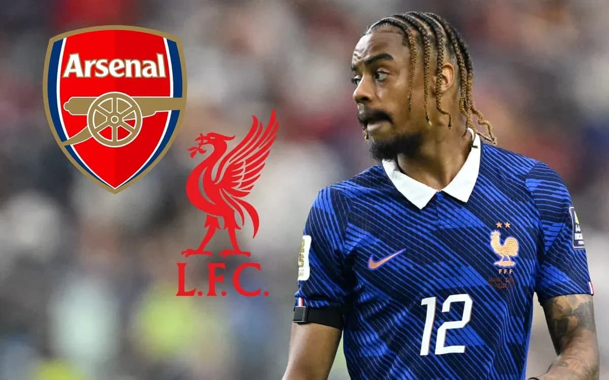 Player wearing France kit with Arsenal and Liverpool logos Player wearing France kit with Arsenal and Liverpool logos