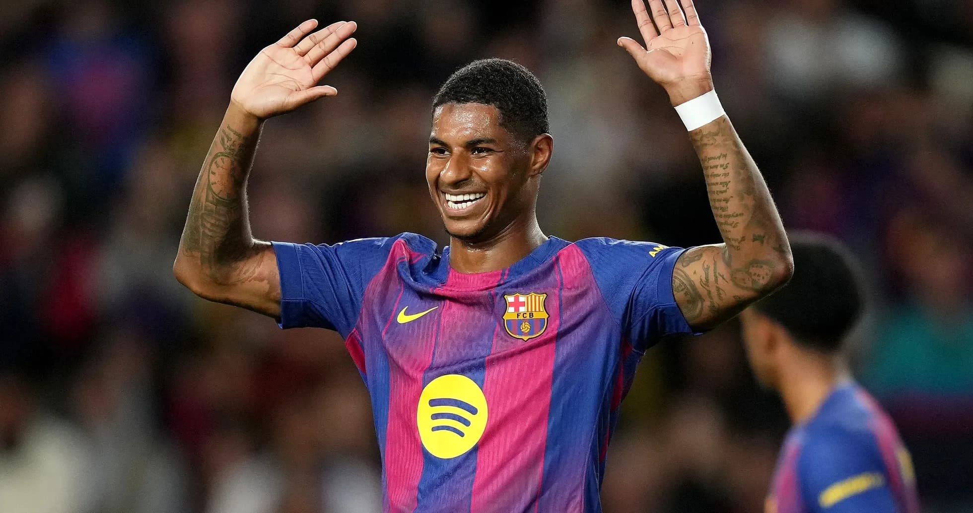 Player celebrating during a match for Barcelona Player celebrating during a match for Barcelona