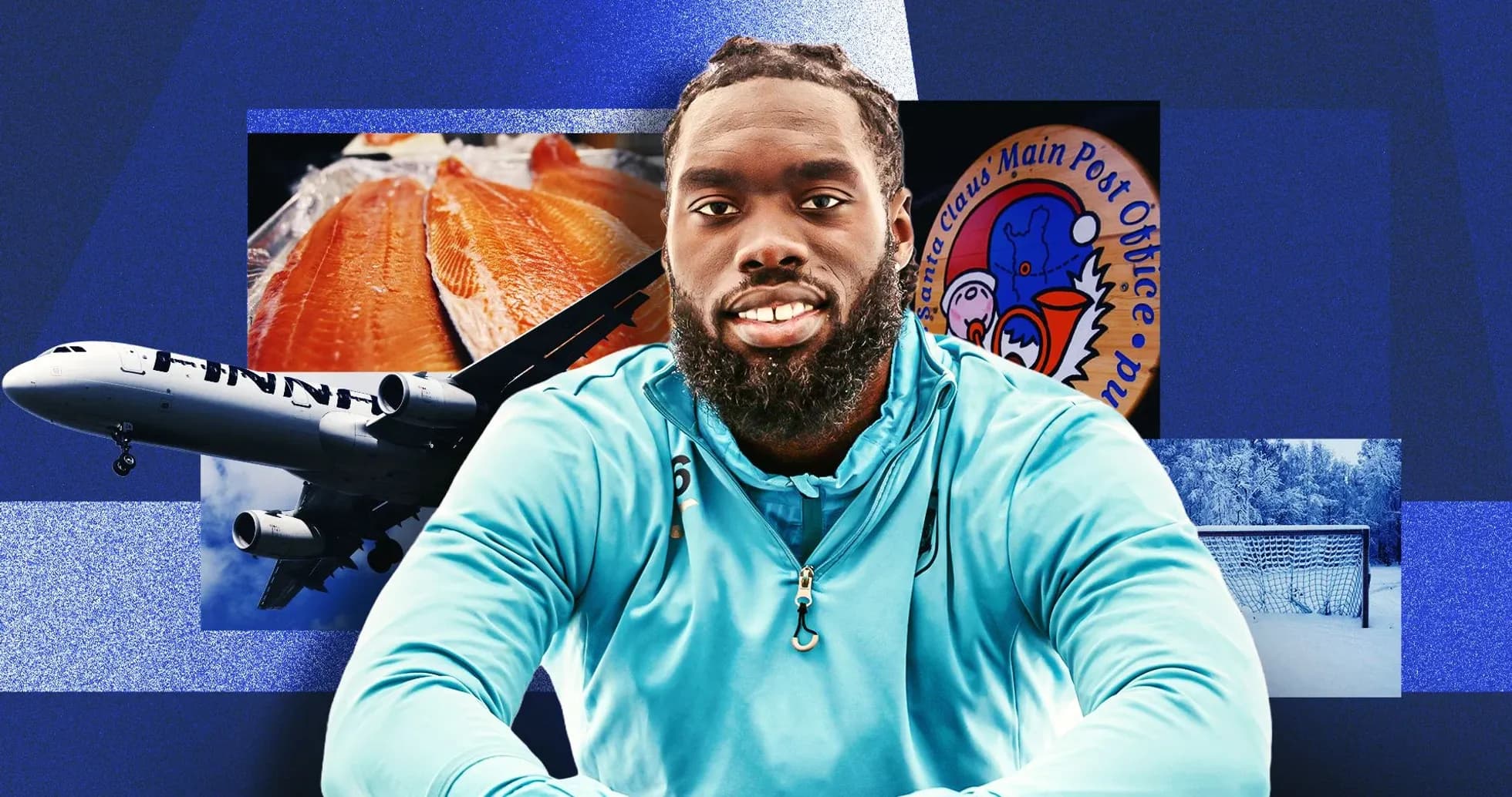 Athlete posing with airplane, fish, and snowy background Athlete posing with airplane, fish, and snowy background